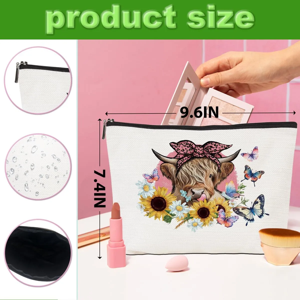 2pcs Western Cow with Sunflower Cosmetic Bag, Coquette Western Cow Makeup Bag Zipper Pouch Travel Toiletry Sunflower Gifts For Women Girls Sisters Friends