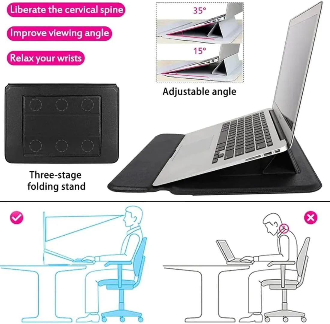 3 in 1 Laptop Sleeve Protective PU Leather Case Waterproof Shockproof Magnetic Closure Adjustable Stand Mouse Pad Lightweight 11-13.6 in Laptop and Tablet Universal Fit Portable Durable Colour Silver