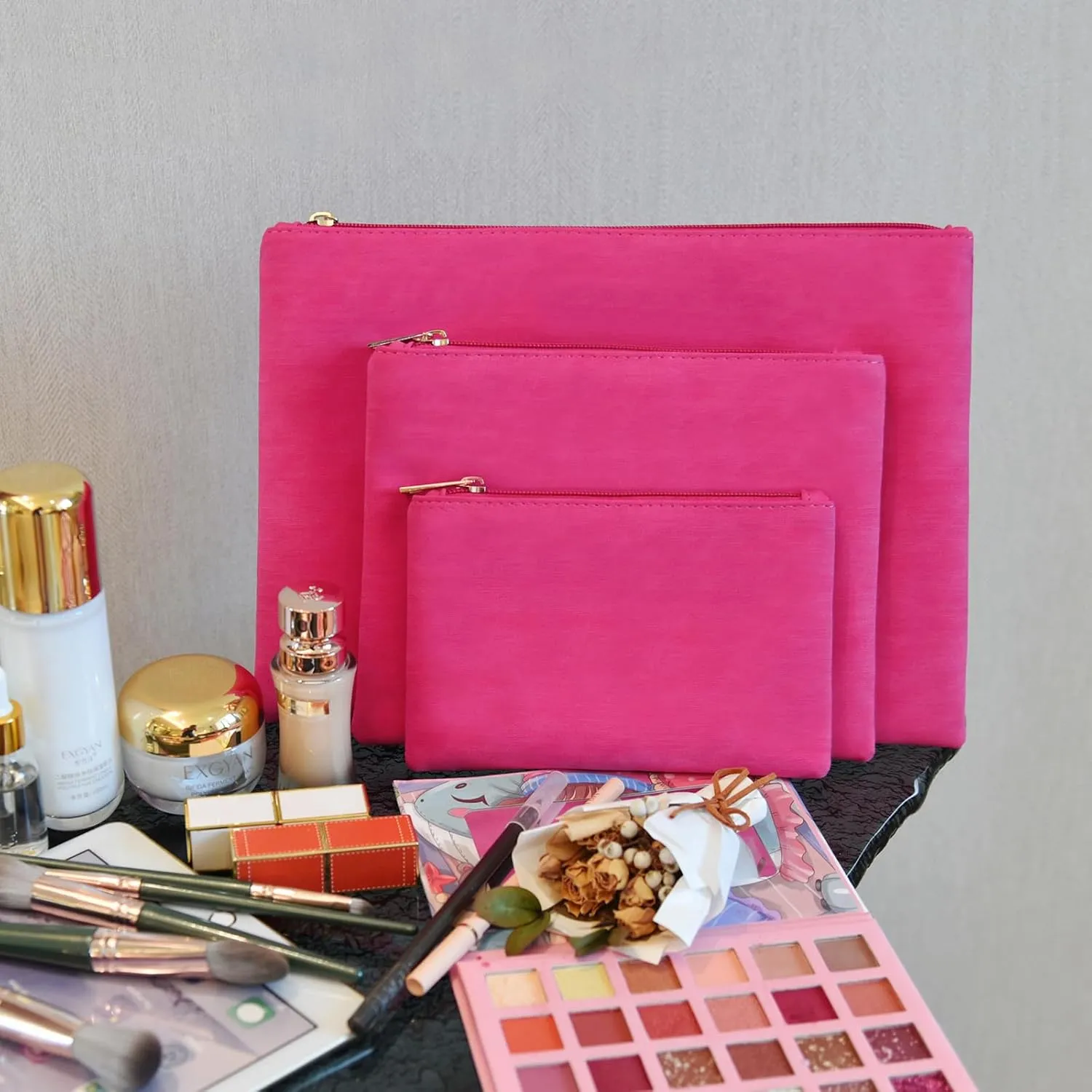 3 Pack Makeup Bag Set, Cosmetic Pouches for Purse, Portable and Stylish Travel Toiletry Bags for Women, Travel Cosmetic Bags for Women (B Rose Red, 12.6x9 inch)