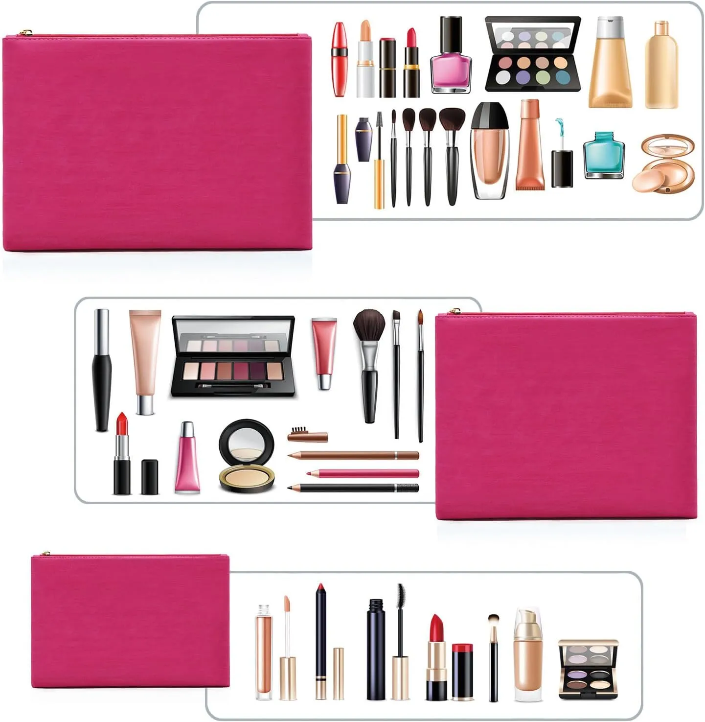 3 Pack Makeup Bag Set, Cosmetic Pouches for Purse, Portable and Stylish Travel Toiletry Bags for Women, Travel Cosmetic Bags for Women (B Rose Red, 12.6x9 inch)