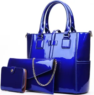 3-PC Patent Women Handbag Crossbody Bag Card Bag Shiny Faux Leather Top Handle Satchel Shoulder Tote Bag Purses