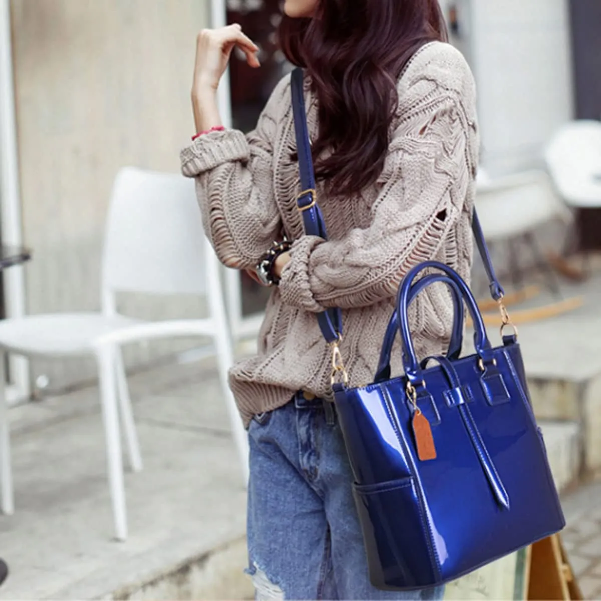 3-PC Patent Women Handbag Crossbody Bag Card Bag Shiny Faux Leather Top Handle Satchel Shoulder Tote Bag Purses