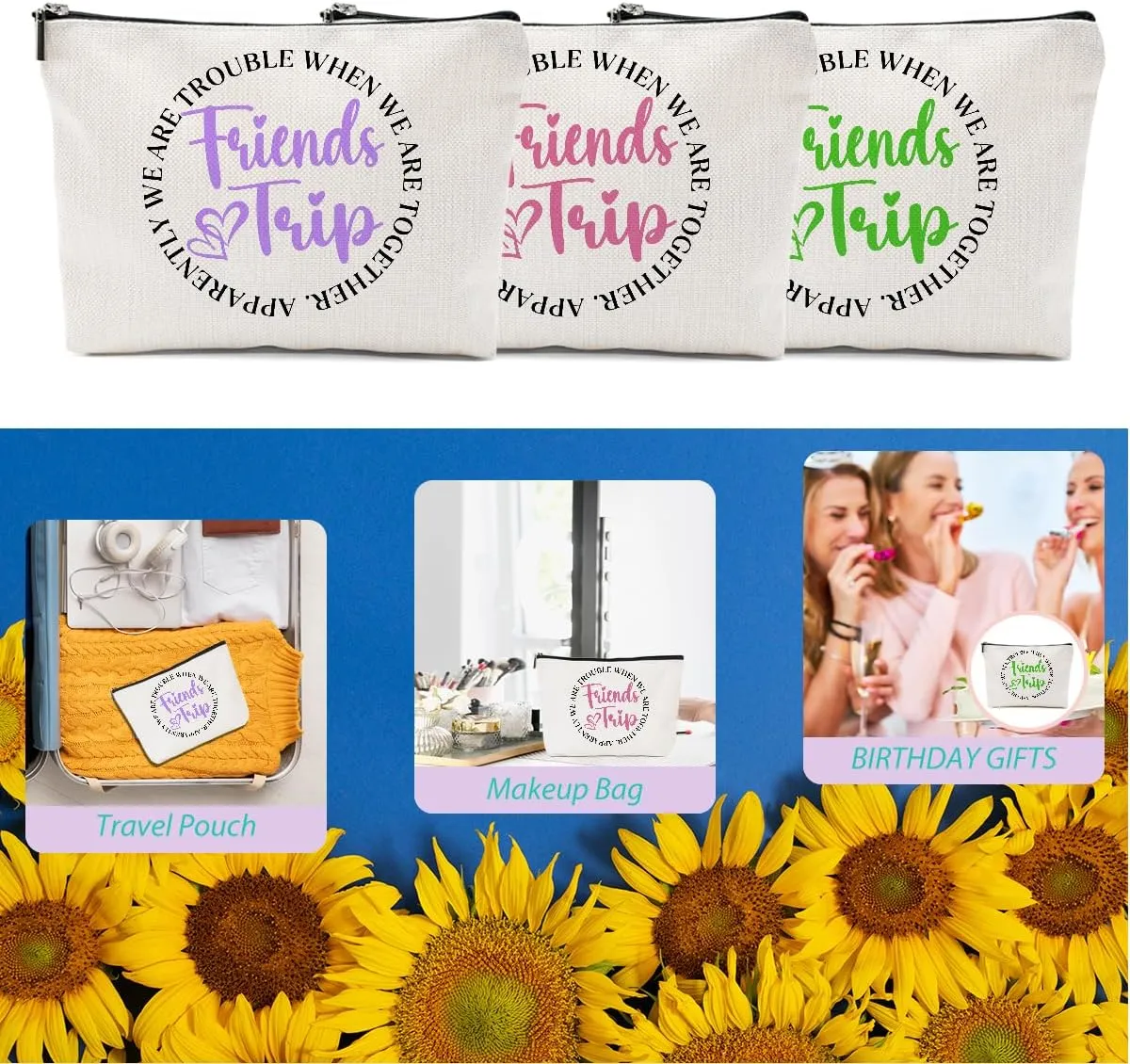 3 Pcs Girls Trip Gifts Girls Weekend 2025 Makeup Bag Friends Trip Gifts Favors Summer Gifts Cosmetic Bag Toiletry Bag Zipper Pouch Weekender Bags for Women Girl Friendship Bachelorette Party Birthday