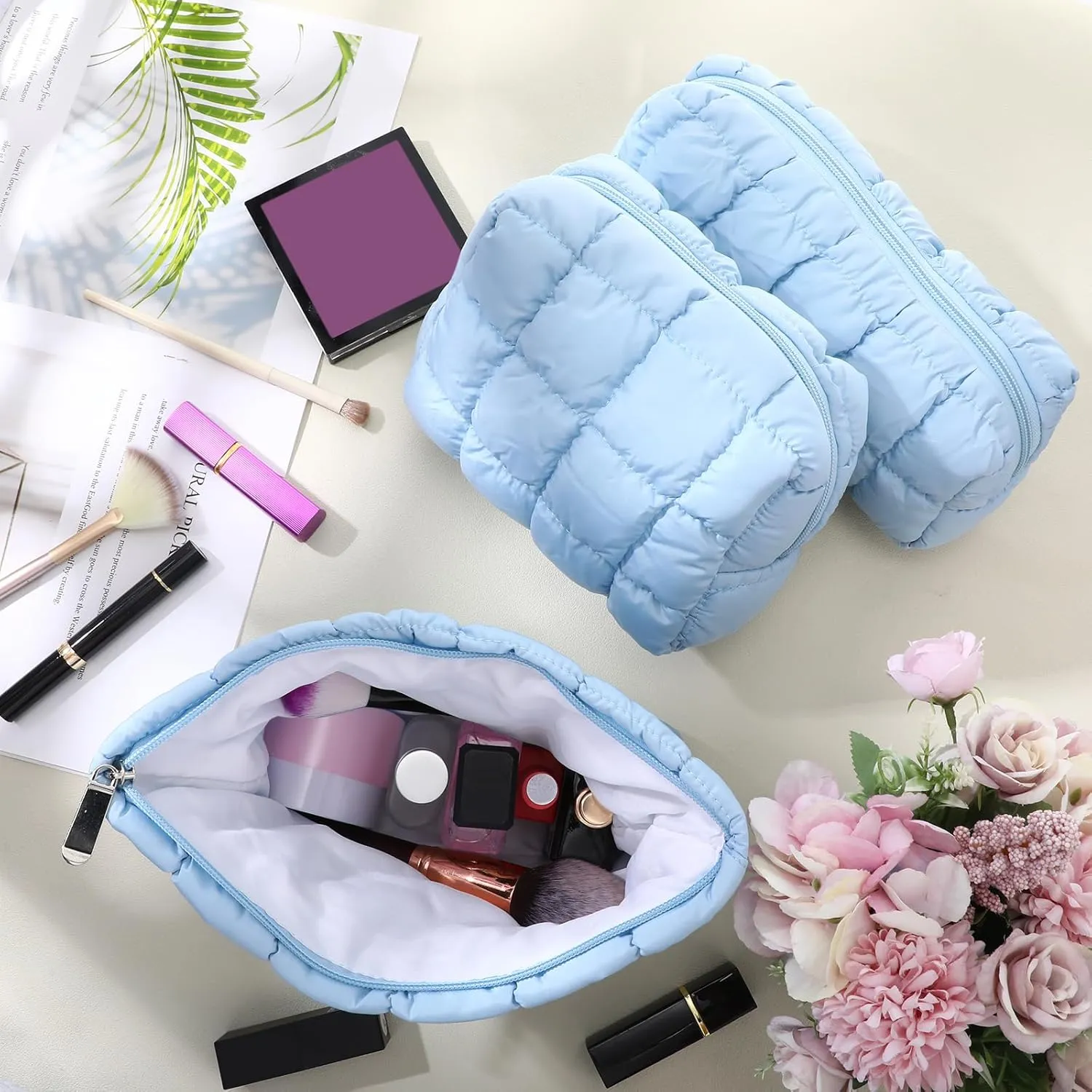 3 Pcs Puffy Makeup Bag Quilted Cosmetic Pouch for Women Cute Checkered Travel Toiletry Bag Puffer Makeup Organizer Purse Pouch Preppy Pencil Case with Zipper