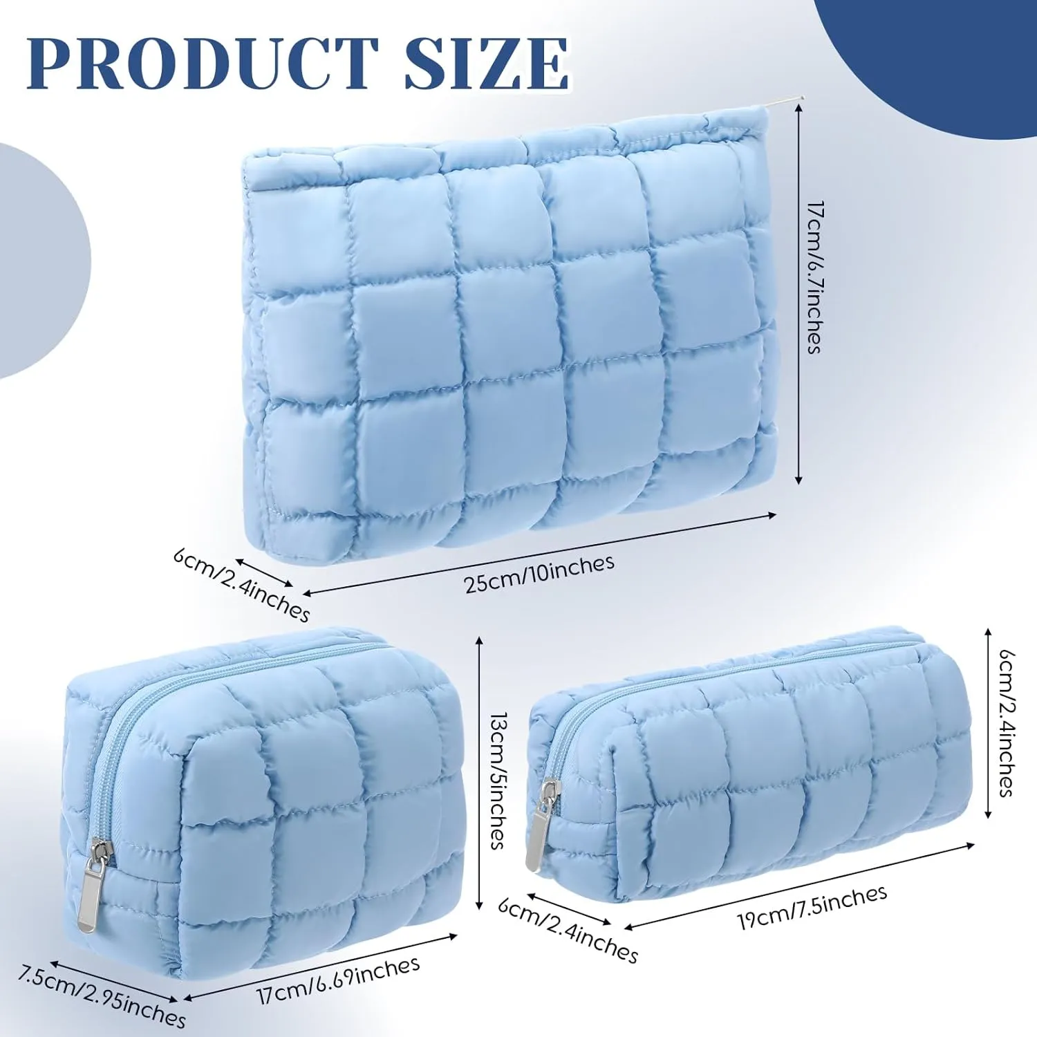 3 Pcs Puffy Makeup Bag Quilted Cosmetic Pouch for Women Cute Checkered Travel Toiletry Bag Puffer Makeup Organizer Purse Pouch Preppy Pencil Case with Zipper
