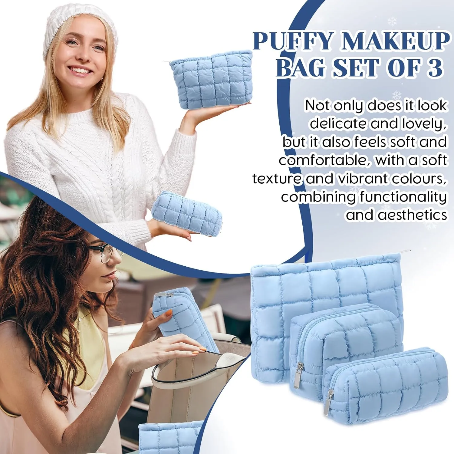 3 Pcs Puffy Makeup Bag Quilted Cosmetic Pouch for Women Cute Checkered Travel Toiletry Bag Puffer Makeup Organizer Purse Pouch Preppy Pencil Case with Zipper