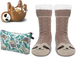 3 Pcs Valentine‘s Day Sloth Gifts Set for Women, Sloth Slippers Ring Holder Makeup Bag Fuzzy Socks with Grippers, Cute Birthday Gifts for Teacher Friends Grandma Mom