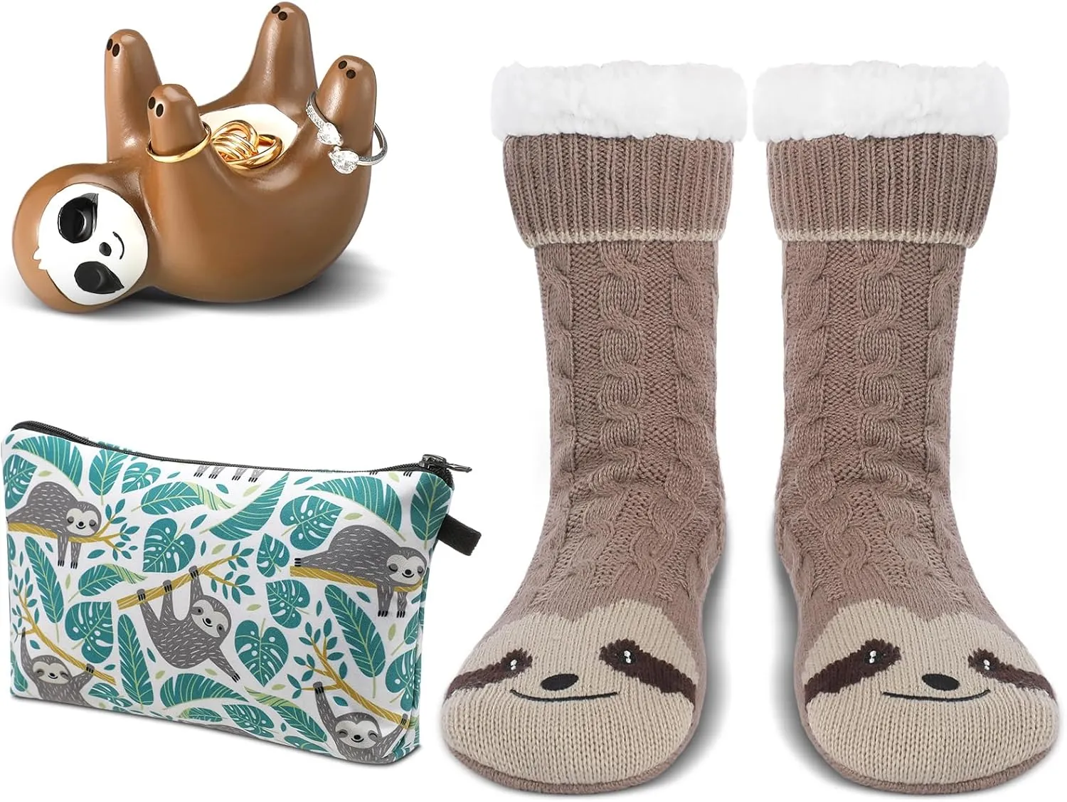 3 Pcs Valentine‘s Day Sloth Gifts Set for Women, Sloth Slippers Ring Holder Makeup Bag Fuzzy Socks with Grippers, Cute Birthday Gifts for Teacher Friends Grandma Mom