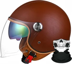 3/4Retro Motorcycle Half Helmets Motorcycle Helmet for Men and Women DOT Certification Leather Jet Helmet Half Shell Helmet Braincap with Sun Visor Moped Scooter Open Helmet
