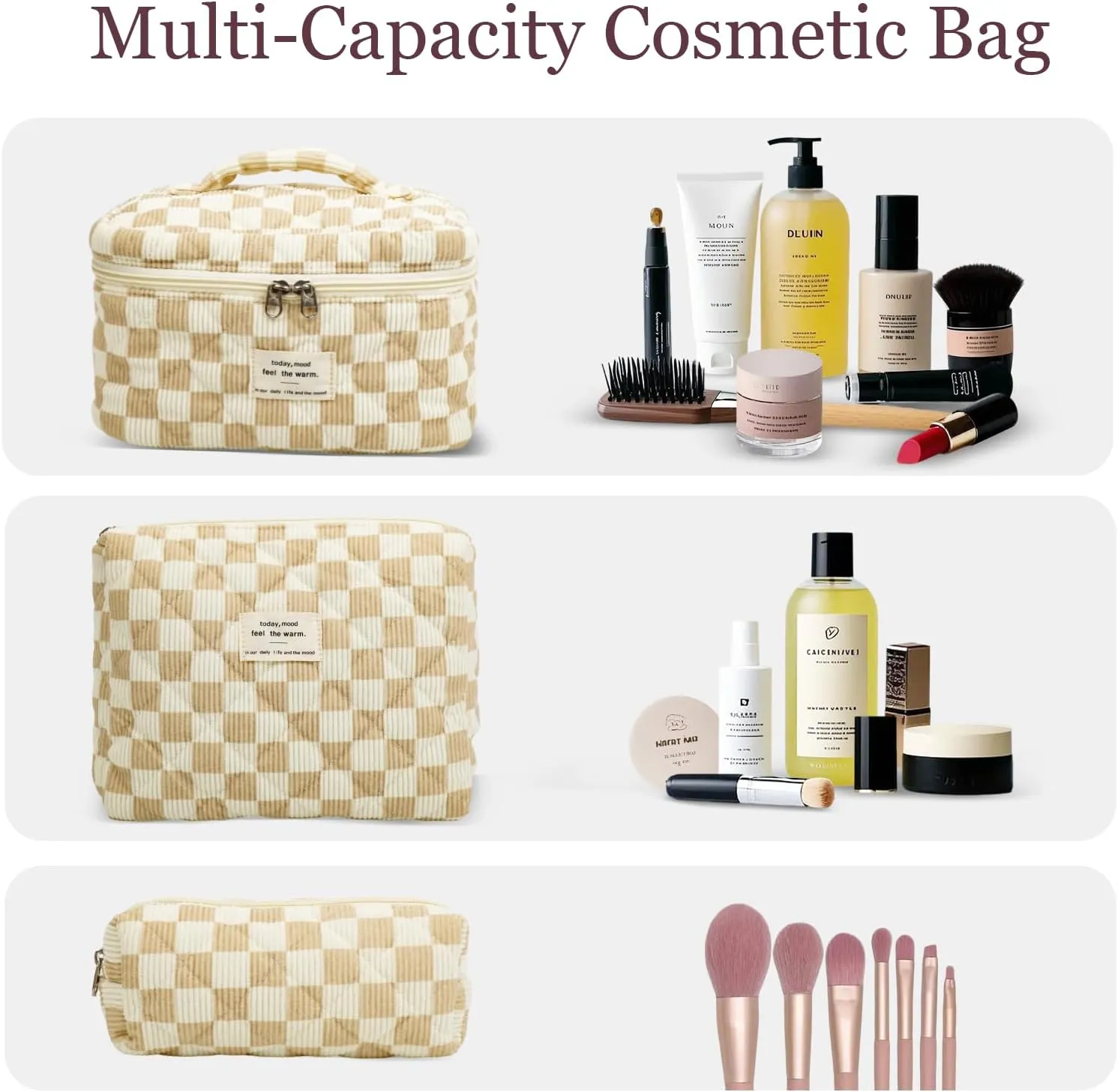 3Pcs Cotton Quilted Makeup Bag Set,Large Floral Cosmetic Bag，Aesthetic Toiletry Travel Makeup Bag Set and Cute Flower Bag for Women Girls (White Brown Plaid)