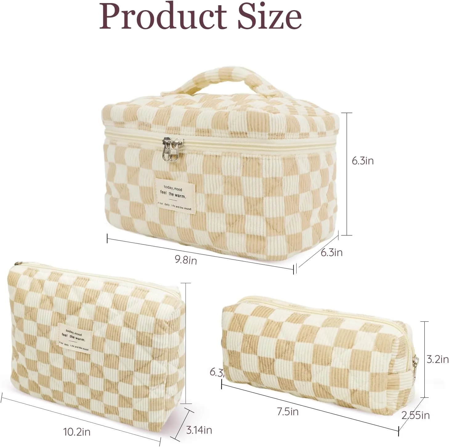 3Pcs Cotton Quilted Makeup Bag Set,Large Floral Cosmetic Bag，Aesthetic Toiletry Travel Makeup Bag Set and Cute Flower Bag for Women Girls (White Brown Plaid)