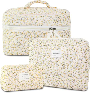 3Pcs Makeup Bags for Women, Cute Makeup Organizer Bag, Quilted Cosmetic Bag Set, Travel Toiletry Bag for Women, Floral Cosmetic Bag, Make Up Organizers Bag, Womens Toiletry Bag