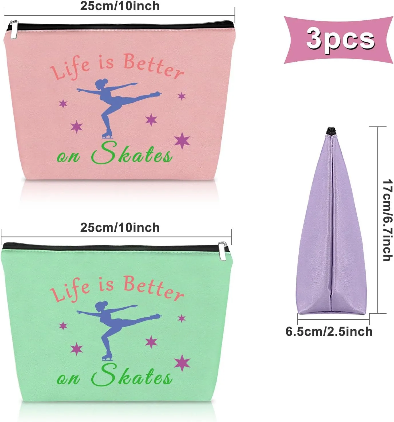 3PCS Skater Gifts for Women Makeup Bag Ice Skating Coach Gift Skate Lover Gift Cosmetic Bag Figure Skater Gifts for Her Sister Ice Skater Gifts for Girls Birthday Christmas Gifts Travel Pouch