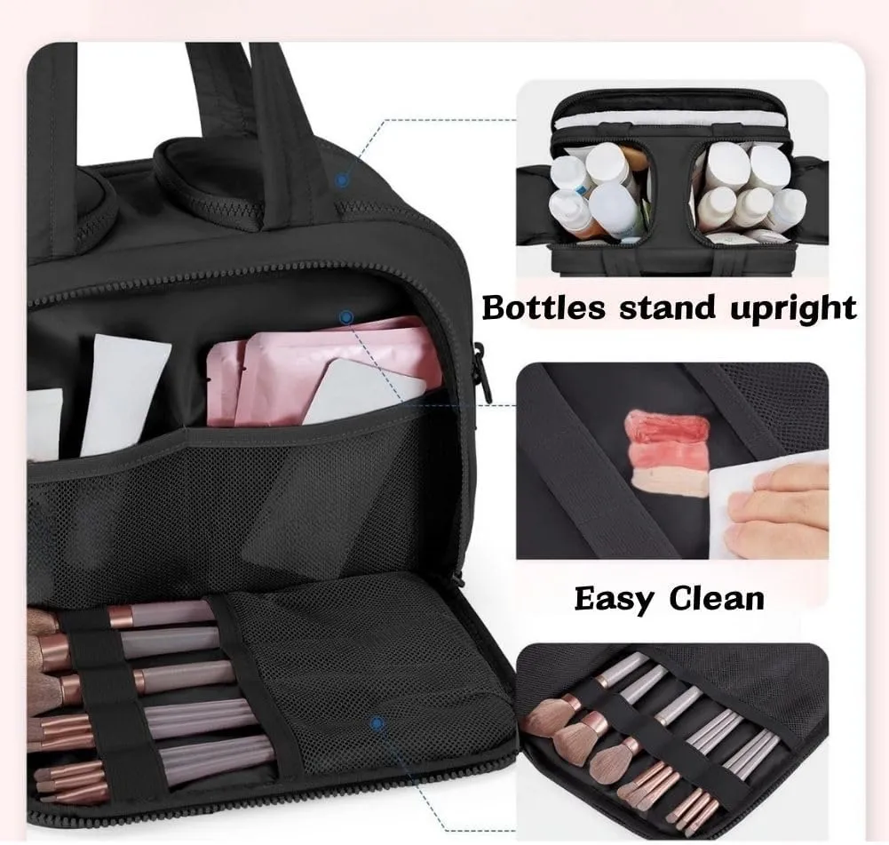 4-in-1 Puffy Multi-Functional Toiletry Bag for Women, Lightweight Hanging Travel Toiletry Bag, Large Capacity Wide-Open Travel Cosmetic Bag with Handle for Makeup Accessories & Toiletries (Black)
