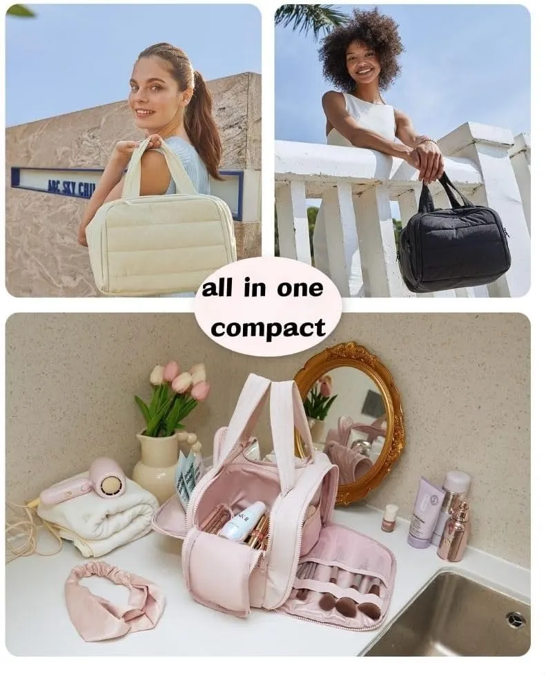 4-in-1 Puffy Multi-Functional Toiletry Bag for Women, Lightweight Hanging Travel Toiletry Bag, Large Capacity Wide-Open Travel Cosmetic Bag with Handle for Makeup Accessories & Toiletries (Pink)