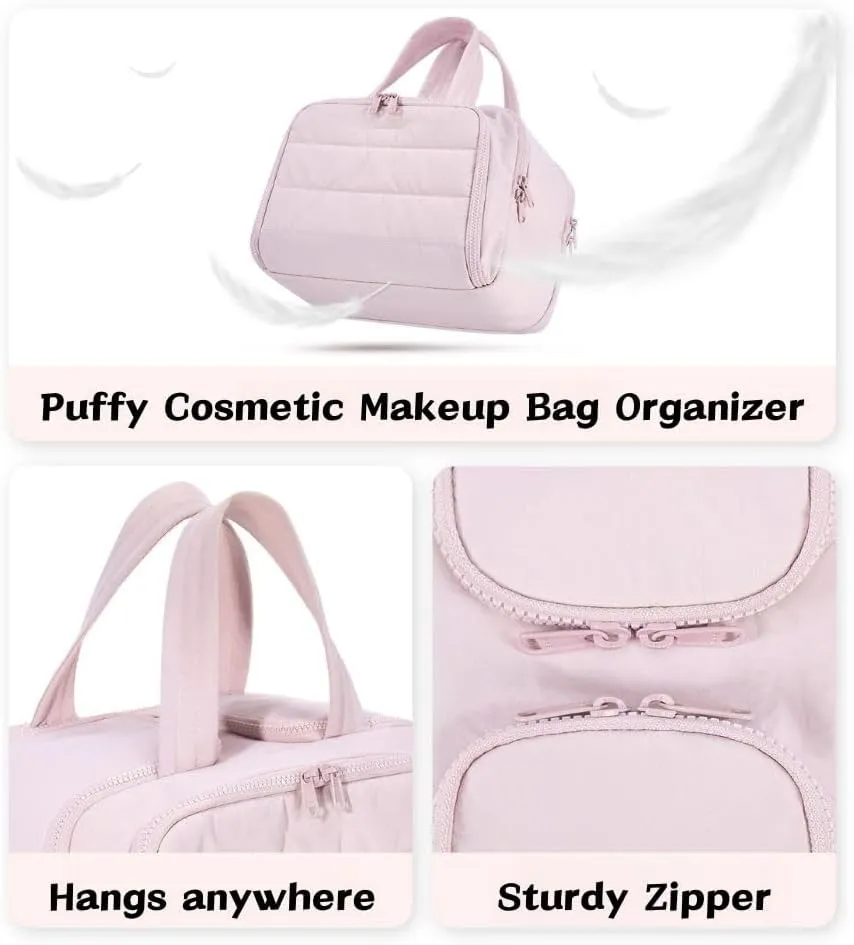 4-in-1 Puffy Multi-Functional Toiletry Bag for Women, Lightweight Hanging Travel Toiletry Bag, Large Capacity Wide-Open Travel Cosmetic Bag with Handle for Makeup Accessories & Toiletries (Pink)