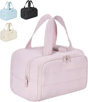 4-in-1 Puffy Multi-Functional Toiletry Bag for Women, Lightweight Hanging Travel Toiletry Bag, Large Capacity Wide-Open Travel Cosmetic Bag with Handle for Makeup Accessories & Toiletries (Pink)