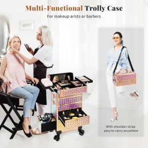 4 in 1 Rolling Makeup Case with Drawers, Multi-functional Cosmetic Trolley with Wheels and Keys, Large Storage Traveling Cart Trunk for Nail Technicians, Makeup Artist and Hairstylist, Colorful
