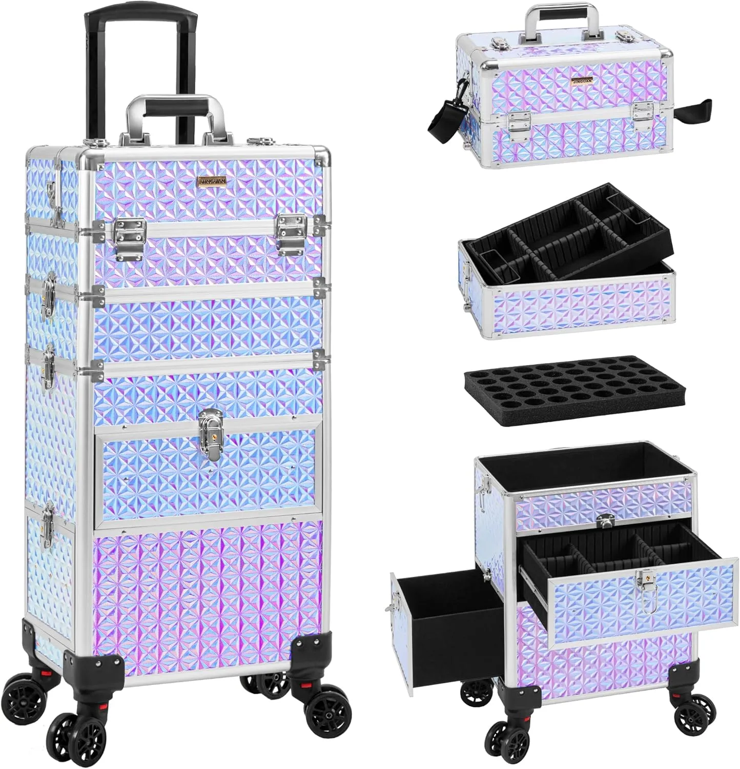 4 in 1 Rolling Makeup Case with Drawers, Multi-functional Cosmetic Trolley with Wheels and Keys, Large Storage Traveling Cart Trunk for Nail Technicians, Makeup Artist and Hairstylist, Silver