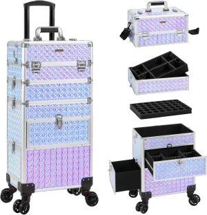 4 in 1 Rolling Makeup Case with Drawers, Multi-functional Cosmetic Trolley with Wheels and Keys, Large Storage Traveling Cart Trunk for Nail Technicians, Makeup Artist and Hairstylist, Silver
