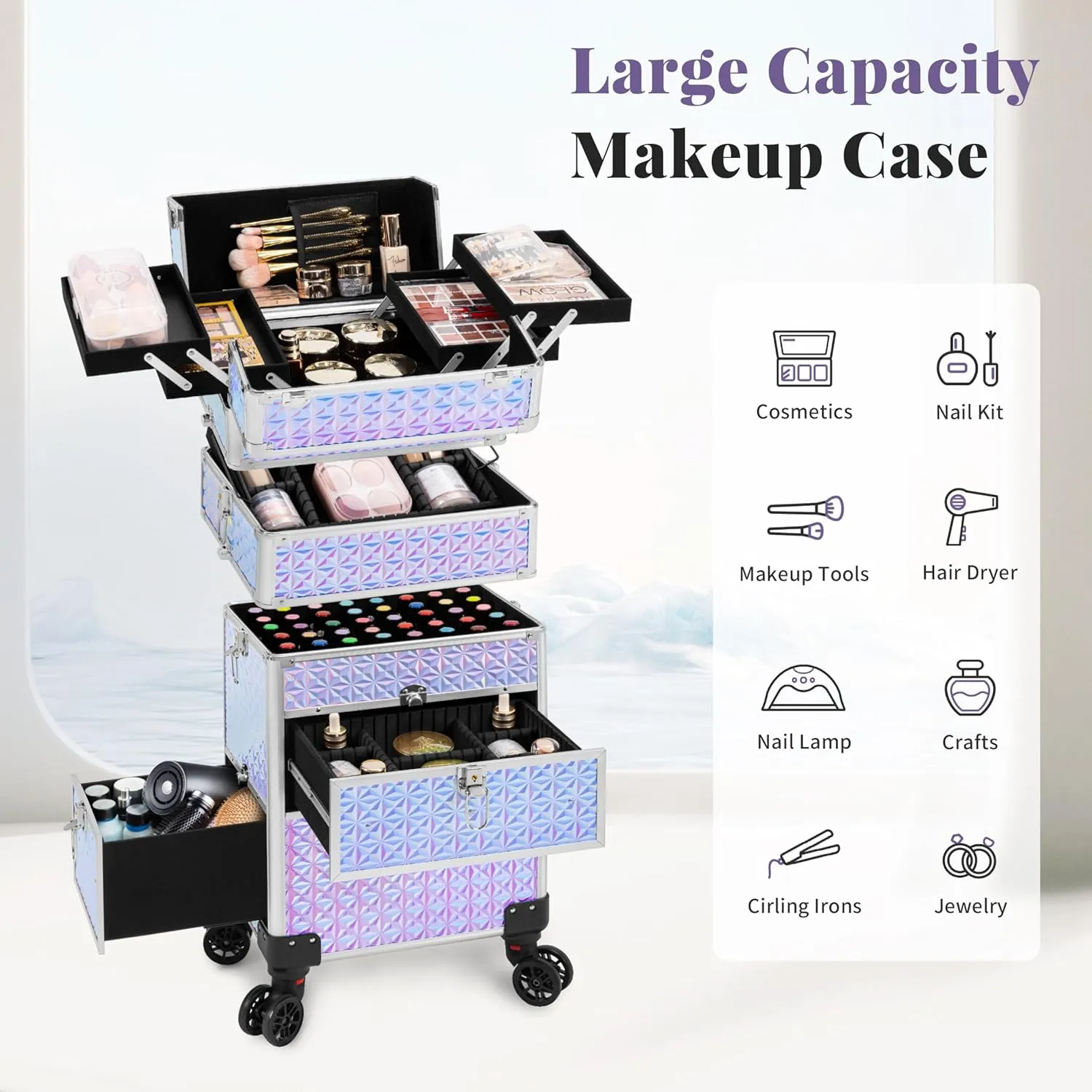 4 in 1 Rolling Makeup Case with Drawers, Multi-functional Cosmetic Trolley with Wheels and Keys, Large Storage Traveling Cart Trunk for Nail Technicians, Makeup Artist and Hairstylist, Silver