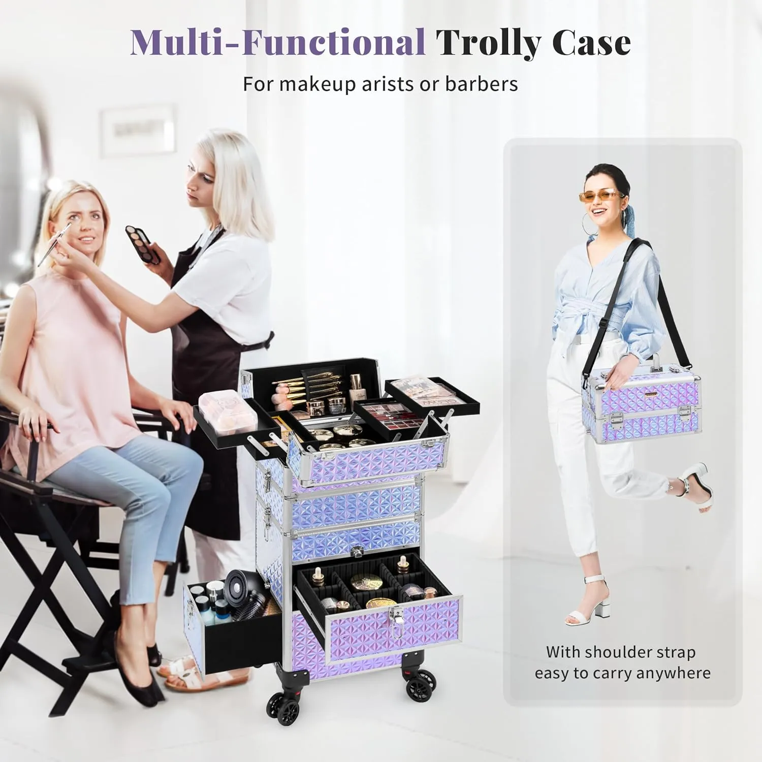 4 in 1 Rolling Makeup Case with Drawers, Multi-functional Cosmetic Trolley with Wheels and Keys, Large Storage Traveling Cart Trunk for Nail Technicians, Makeup Artist and Hairstylist, Silver