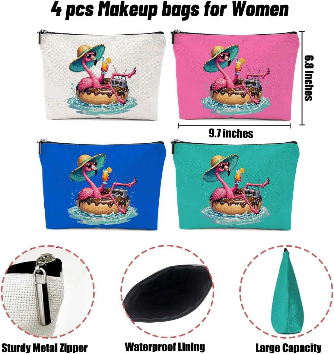 4 Pack Beach Summer Whimsical Bird Flamingo Gifts Makeup Bag, Travel Essentials Cosmetic Bags for Women Doctor Sister Girls Trip, Travel Toiletry Bag for Graduation Birthday Christmas Weekend Vacation