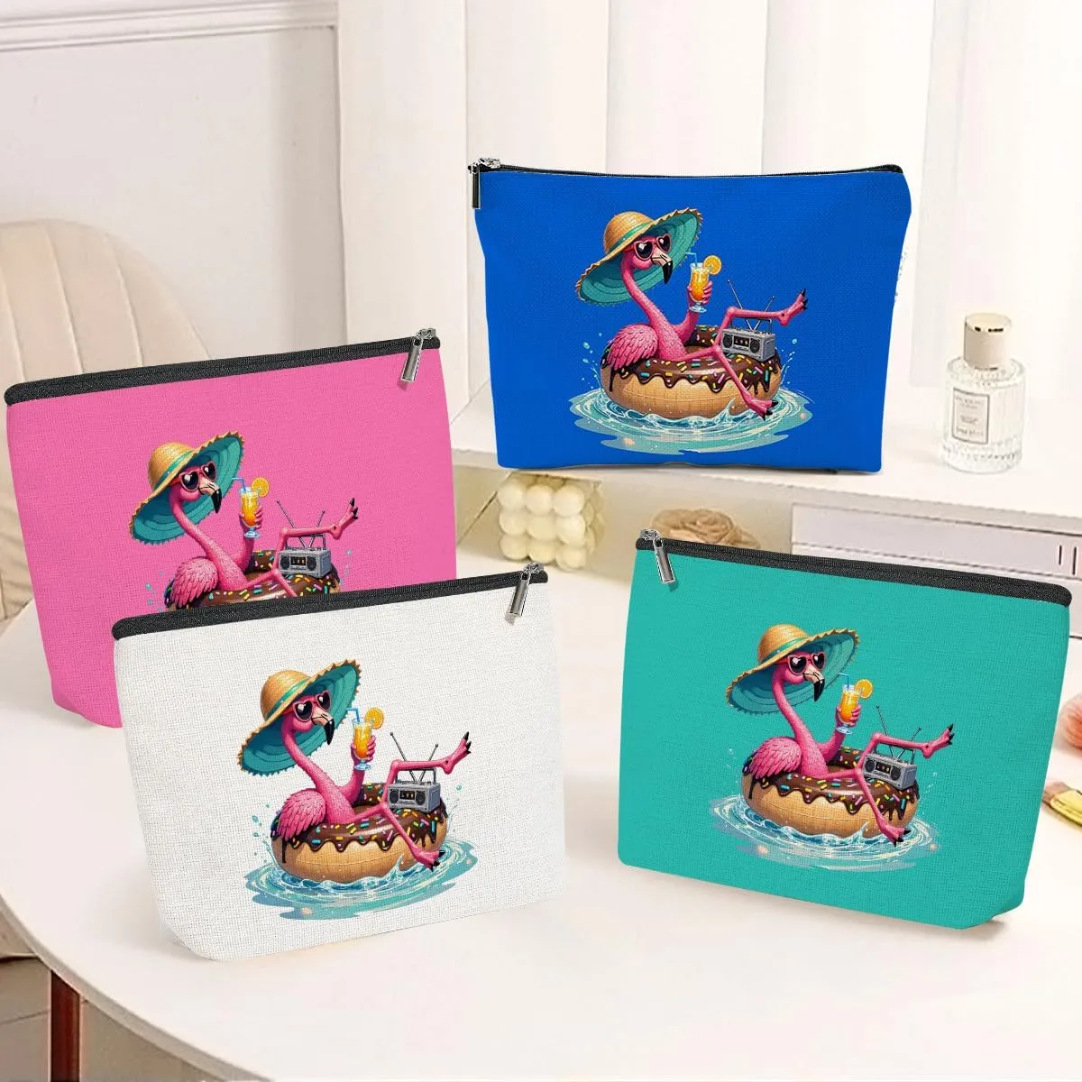 4 Pack Beach Summer Whimsical Bird Flamingo Gifts Makeup Bag, Travel Essentials Cosmetic Bags for Women Doctor Sister Girls Trip, Travel Toiletry Bag for Graduation Birthday Christmas Weekend Vacation