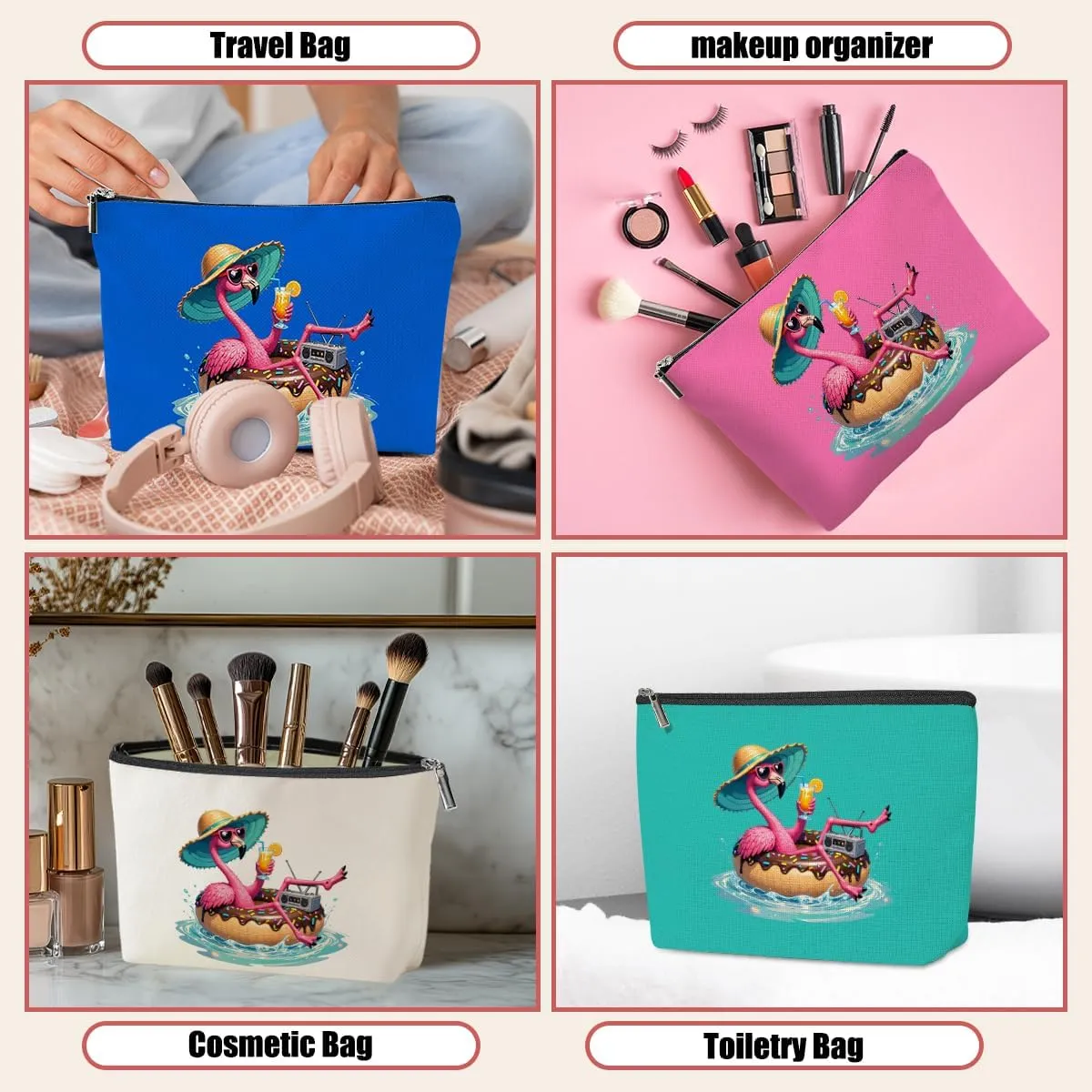 4 Pack Beach Summer Whimsical Bird Flamingo Gifts Makeup Bag, Travel Essentials Cosmetic Bags for Women Doctor Sister Girls Trip, Travel Toiletry Bag for Graduation Birthday Christmas Weekend Vacation