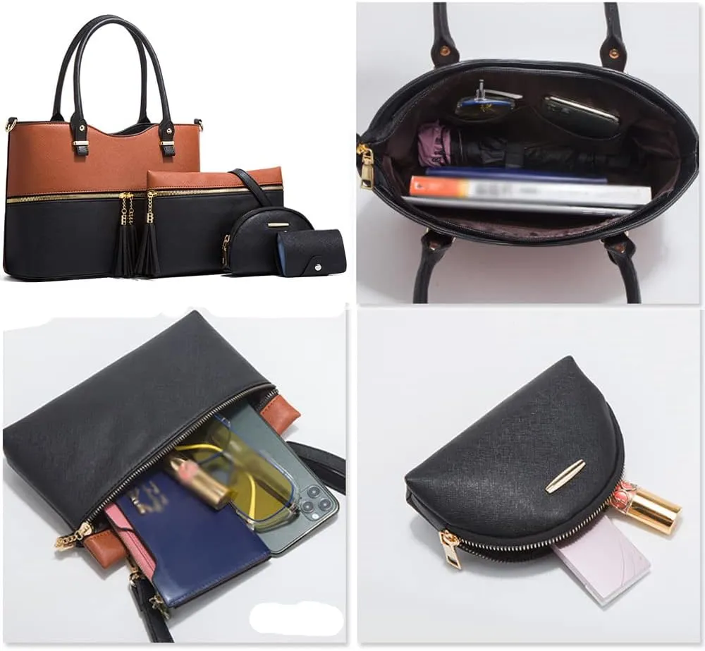 4-Pcs Handbags Sets Women Faux Leather Multicolor Tote Bags Tassels Purses Satchel Crossbody Bag Zipper Clutch Wallet