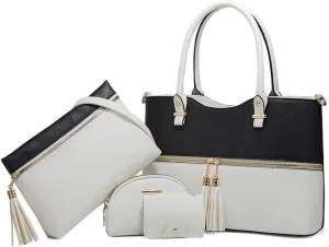 4-Pcs Handbags Sets Women Faux Leather Multicolor Tote Bags Tassels Purses Satchel Crossbody Bag Zipper Clutch Wallet