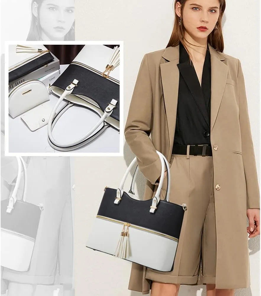 4-Pcs Handbags Sets Women Faux Leather Multicolor Tote Bags Tassels Purses Satchel Crossbody Bag Zipper Clutch Wallet