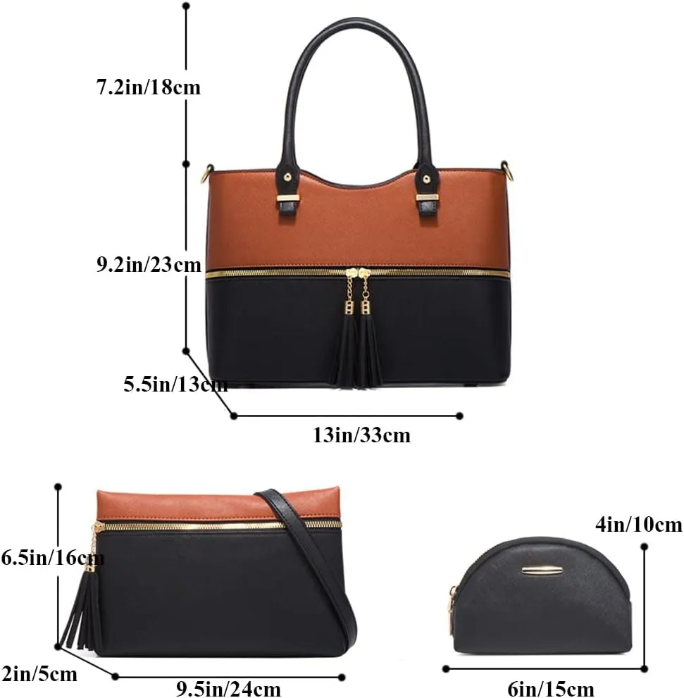 4-Pcs Handbags Sets Women Faux Leather Multicolor Tote Bags Tassels Purses Satchel Crossbody Bag Zipper Clutch Wallet