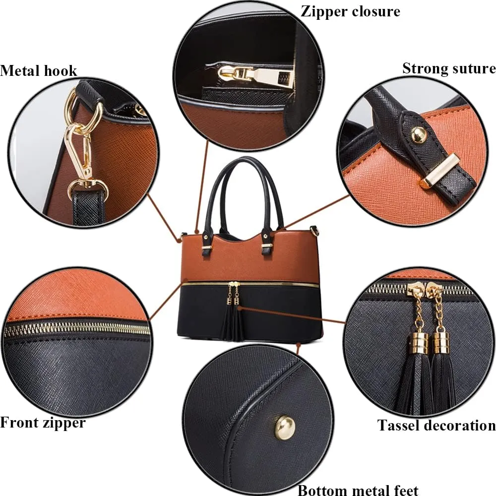 4-Pcs Handbags Sets Women Faux Leather Multicolor Tote Bags Tassels Purses Satchel Crossbody Bag Zipper Clutch Wallet