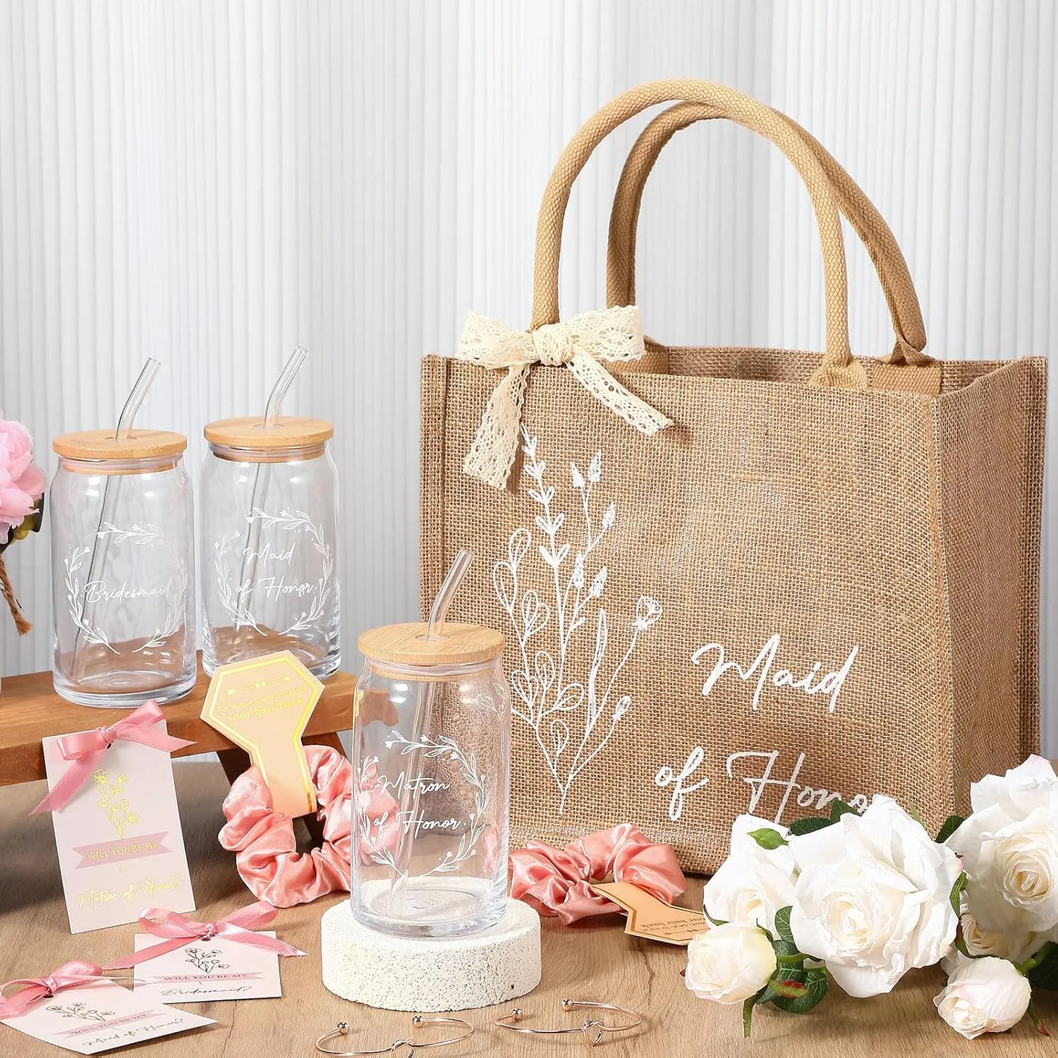 42 Pcs/8 Set Bridesmaid Proposal Gift Include Bridesmaid Burlap Reusable Grocery Bag,Cup,Card,Scrunchies Hair,Bracelet Matron of Honor Gift Set of 5 for Wedding Bridal Shower(Rose Gold)