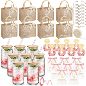 42 Pcs/8 Set Bridesmaid Proposal Gift Include Bridesmaid Burlap Reusable Grocery Bag,Cup,Card,Scrunchies Hair,Bracelet Matron of Honor Gift Set of 5 for Wedding Bridal Shower(Rose Gold)