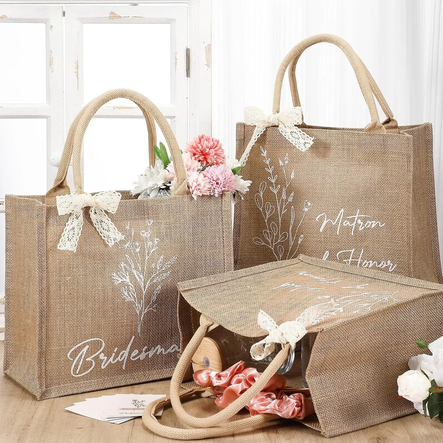 42 Pcs/8 Set Bridesmaid Proposal Gift Include Bridesmaid Burlap Reusable Grocery Bag,Cup,Card,Scrunchies Hair,Bracelet Matron of Honor Gift Set of 5 for Wedding Bridal Shower(Rose Gold)