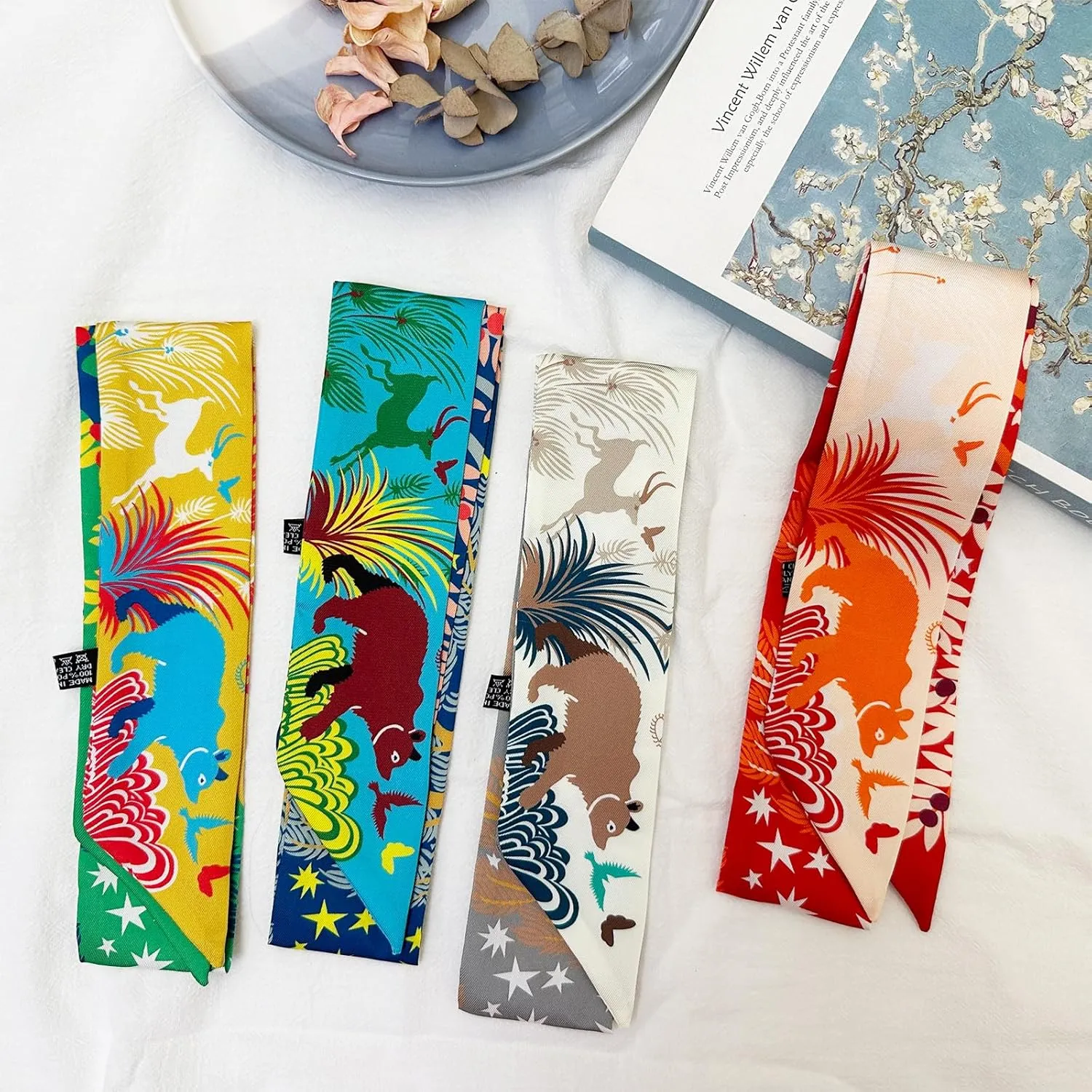 4pcs Purse Scarf For Handbags Silk Head Scarf For Hair Fashion Skinny Scarf For Women Long Neckerchief