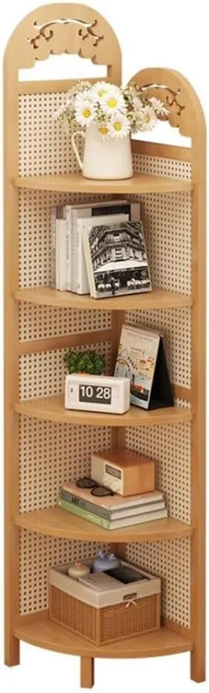 5-Tier Rattan Corner Shelf, Freestanding Bamboo & Wood Bookshelf, Plant Stand, Space-Saving Storage for Living Room, Bedroom, Balcony(Natural)