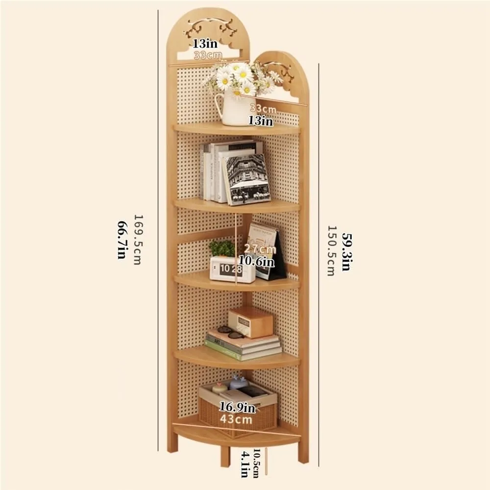 5-Tier Rattan Corner Shelf, Freestanding Bamboo & Wood Bookshelf, Plant Stand, Space-Saving Storage for Living Room, Bedroom, Balcony(Natural)