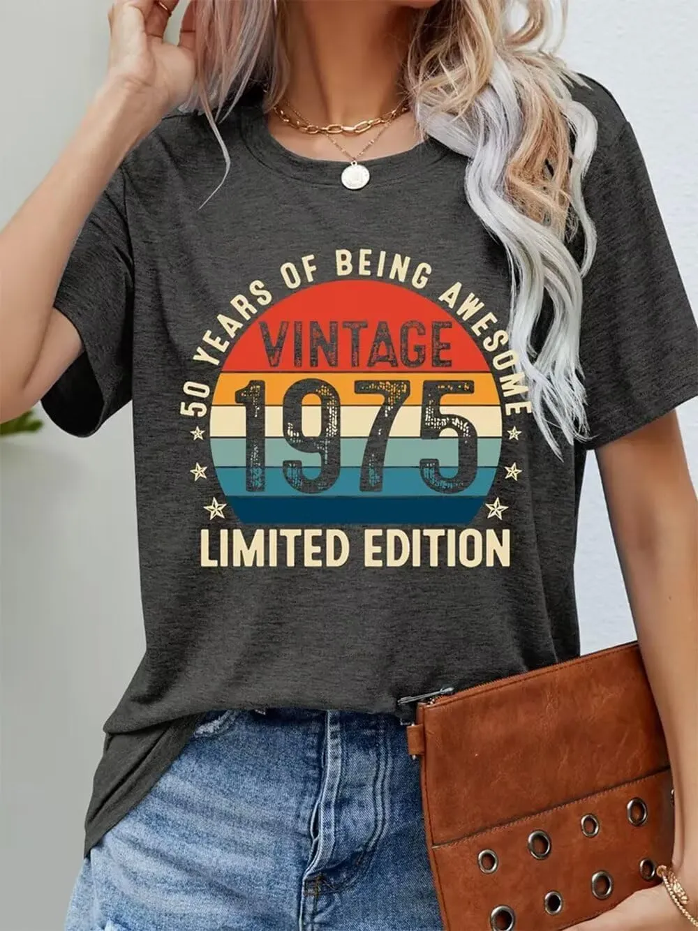 50th Birthday Gift Shirts Vintage 1975 Original Parts Tshirt for Women Letter Print Retro Birthday Casual Tee Tops
