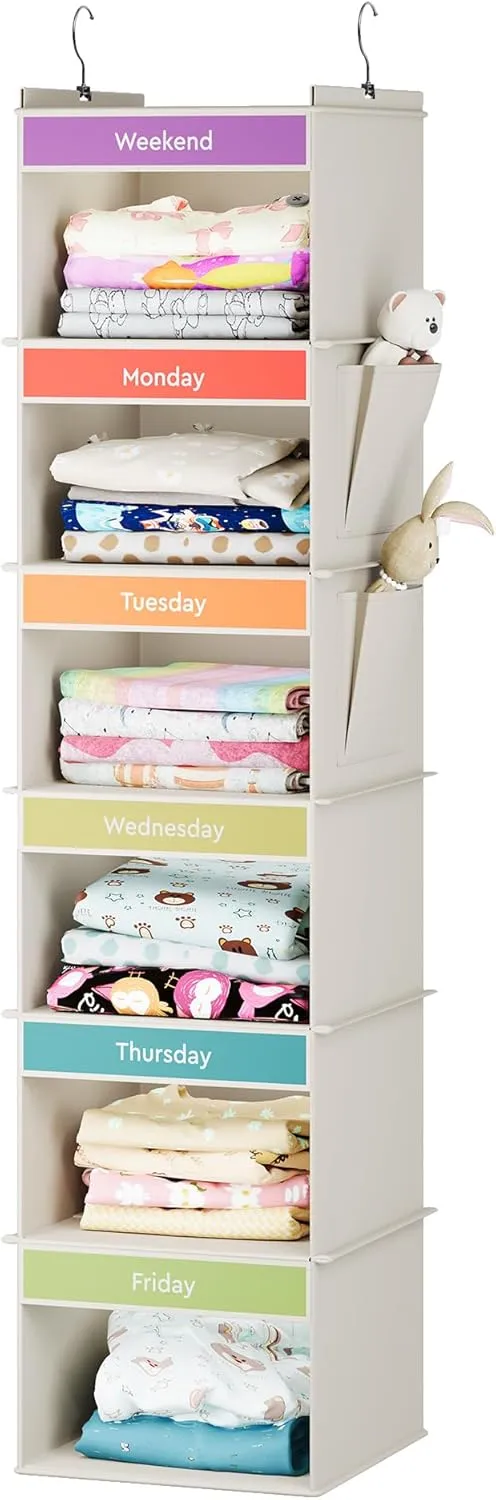 6-Shelf Weekly Hanging Closet Organizer, Weekly Clothes Organizers for Kids with 2 Side Pockets, Beige