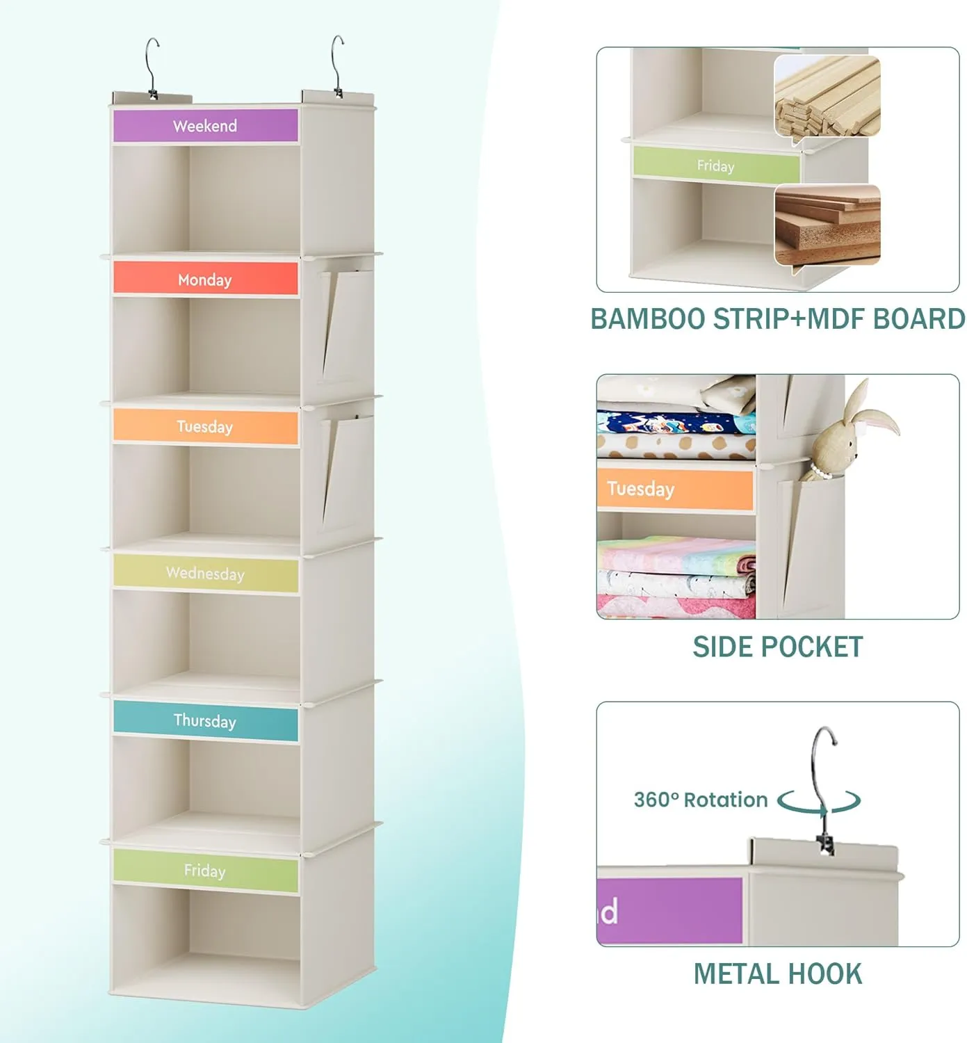 6-Shelf Weekly Hanging Closet Organizer, Weekly Clothes Organizers for Kids with 2 Side Pockets, Beige