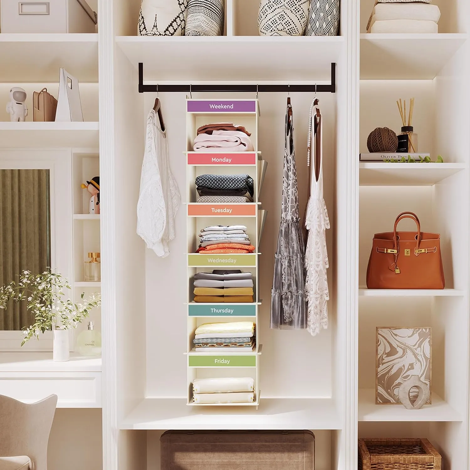 6-Shelf Weekly Hanging Closet Organizer, Weekly Clothes Organizers for Kids with 2 Side Pockets, Beige