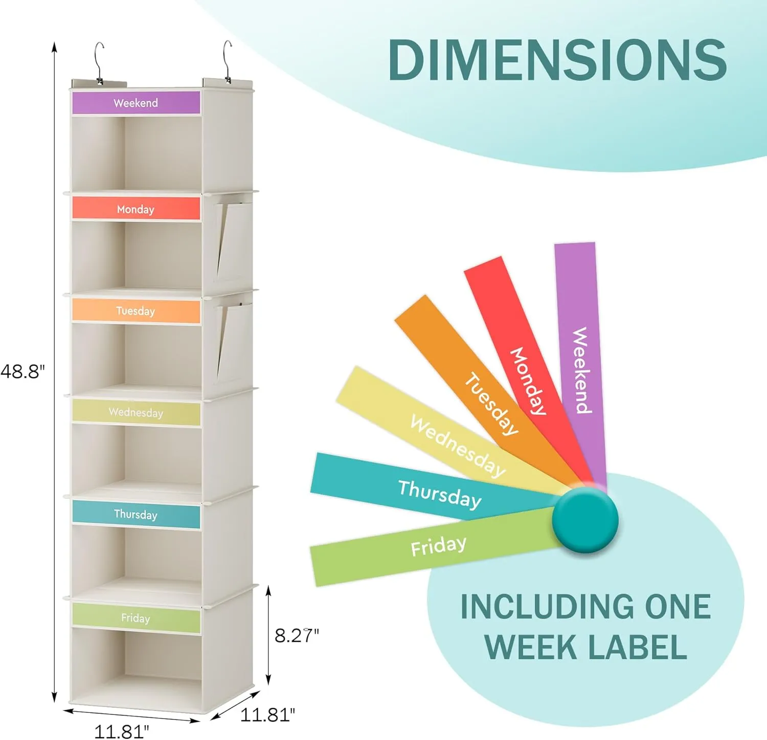 6-Shelf Weekly Hanging Closet Organizer, Weekly Clothes Organizers for Kids with 2 Side Pockets, Beige