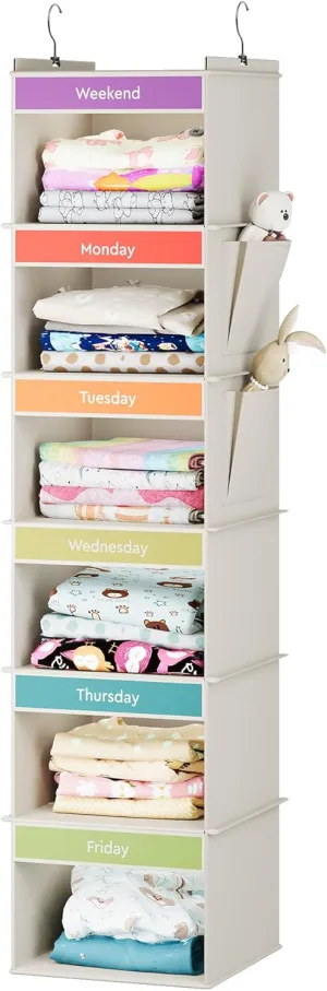 6-Shelf Weekly Hanging Closet Organizer, Weekly Clothes Organizers for Kids with 2 Side Pockets, Beige