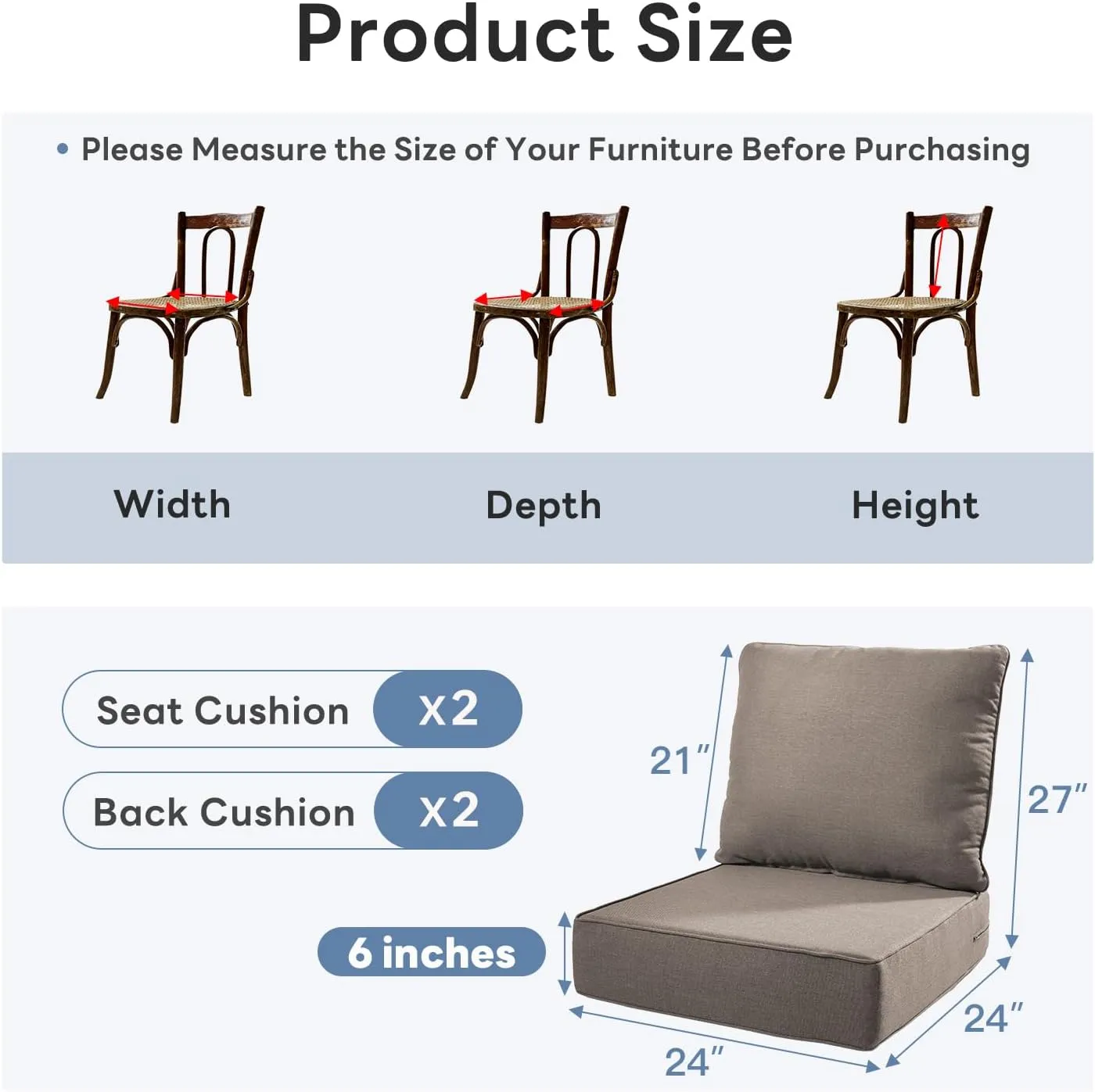 6" Thicker Outdoor Chair Cushion 2 Sets - 24" *24" *6" Waterproof Patio Furniture Cushions with Removable Cover, 28D High Density Sponge Filling Thicken Outdoor Patio Cushions - Grey