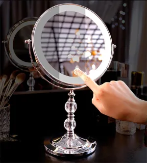 8 Inch Tabletop Makeup Mirror with Crystal, Double Side 3X Magnification Cosmetic Mirror, Rotation HD Beauty Shaving Mirror, Countertop Vanity Mirror,3color led