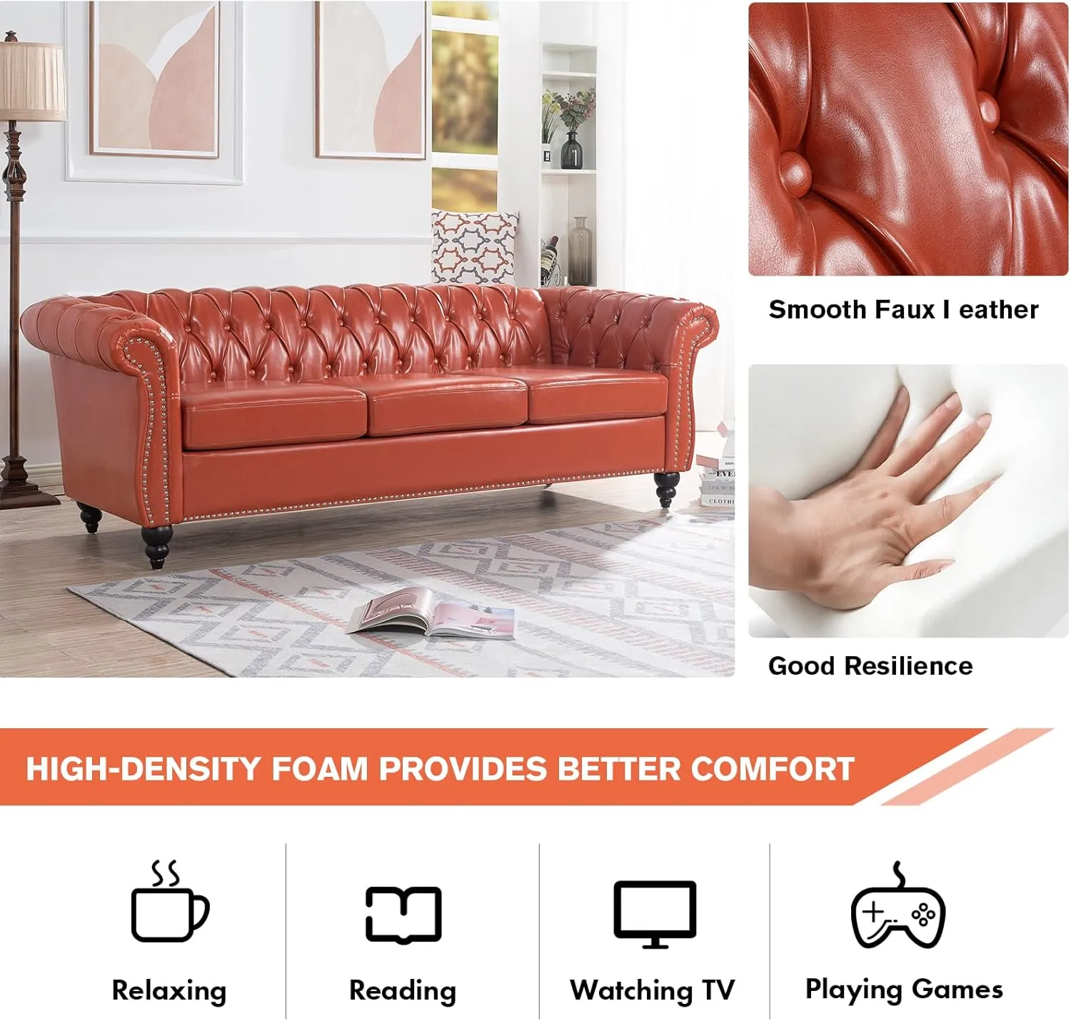 84" Leather Chesterfield Sofas for Living Room, Rolled Arm 3-Seater Large Couch Deep Button Nailhead Tufted Upholstered Couches for Bedroom, Office Apartment Easy to Assemble (Orange)