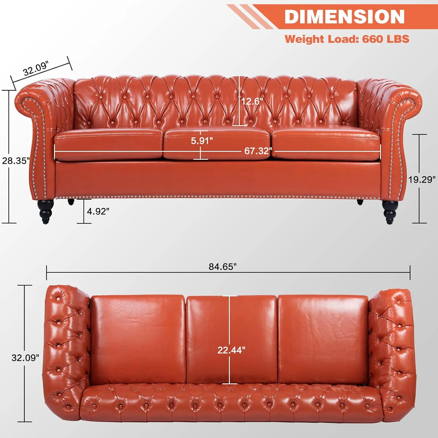 84" Leather Chesterfield Sofas for Living Room, Rolled Arm 3-Seater Large Couch Deep Button Nailhead Tufted Upholstered Couches for Bedroom, Office Apartment Easy to Assemble (Orange)